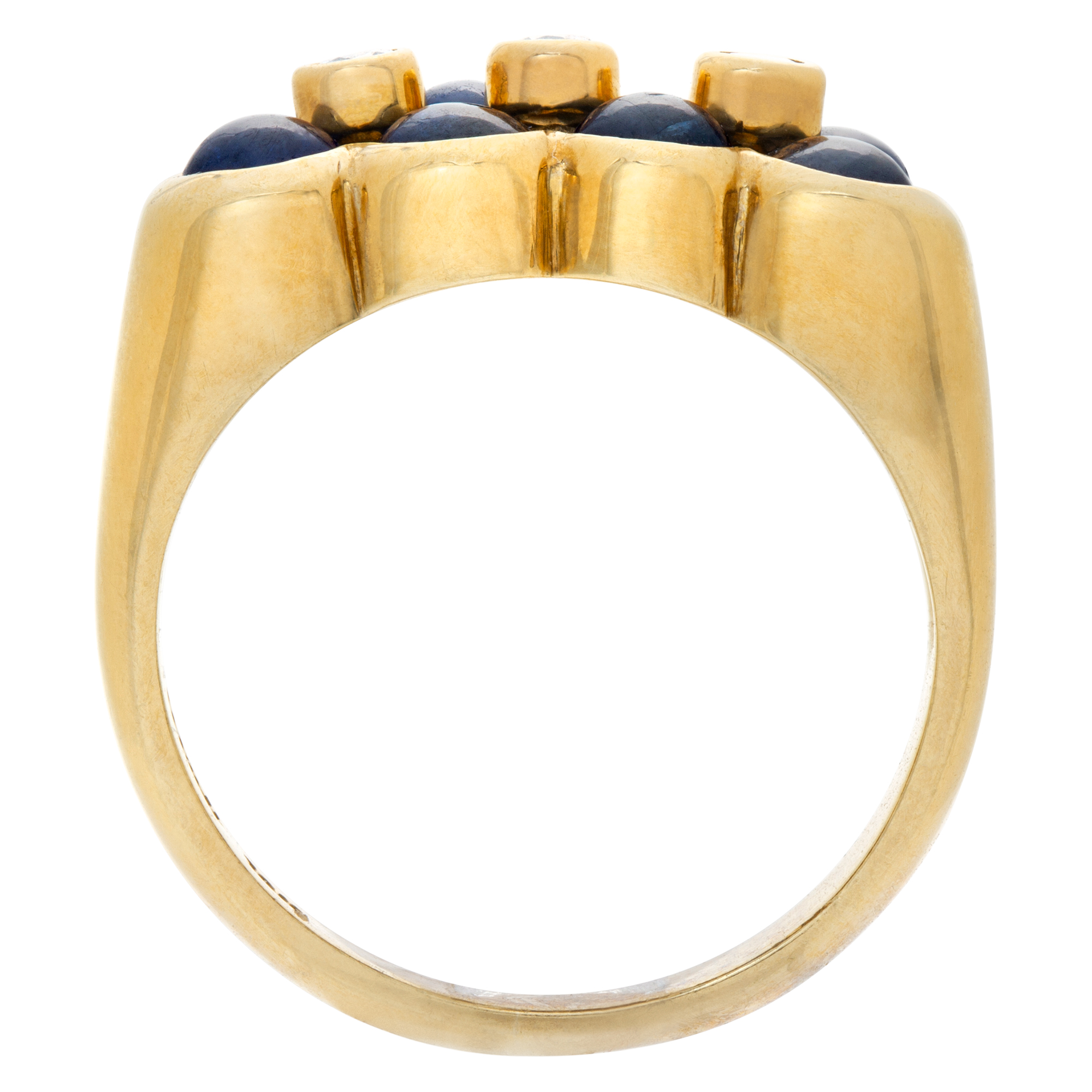 Flowery design 18K yellow gold ring with 8 cabochon sapphire, 3 full cut round brlliant bezeled diamond cente image 4