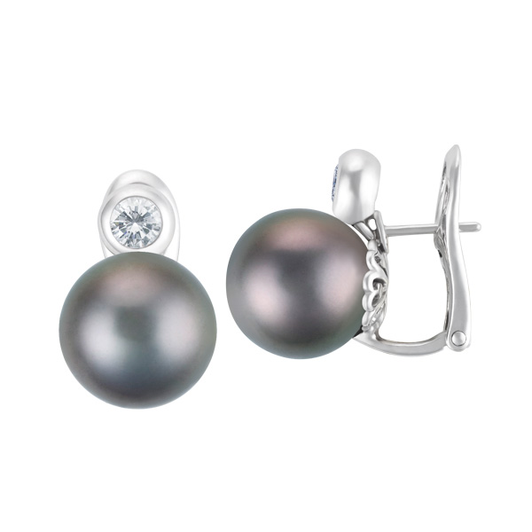 Tahitian black pearl and diamond earrings in 18k white gold. 13mm pearls image 2