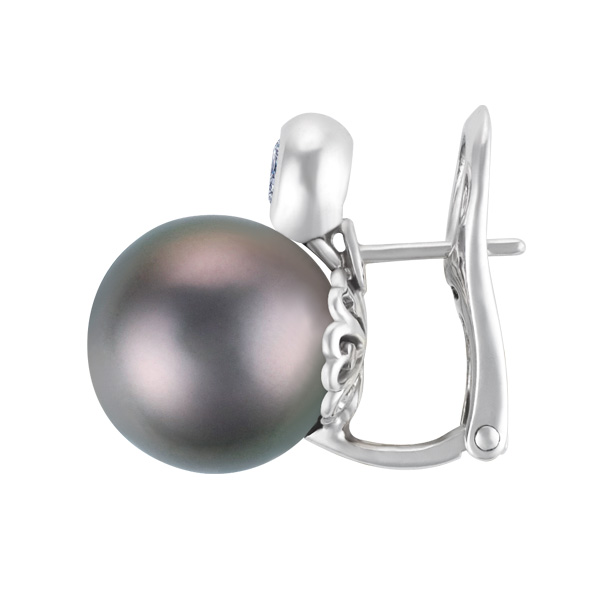 Tahitian black pearl and diamond earrings in 18k white gold. 13mm pearls image 4