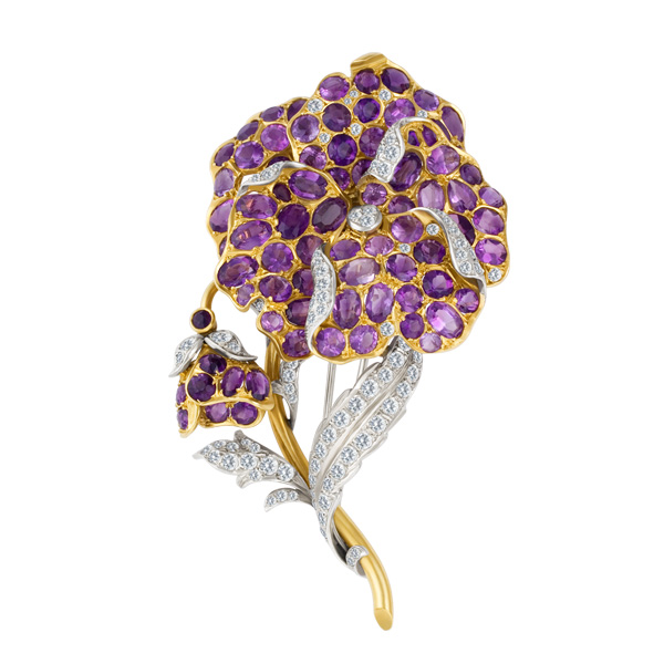 Flower amethyst & diamond brooch in 18k image 1