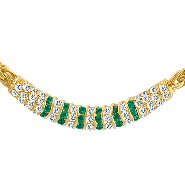 Beautiful braided necklace in 18k yellow gold with app. 1 carat in diamonds &  0.5 carat in emeralds image 2
