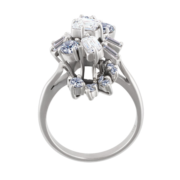 Cocktail ring in 14k white gold with round, baguette & emerlad cut diamonds image 3