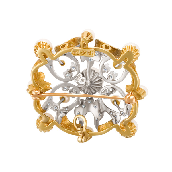 Elaborate & Ornate pendant/brooch in 18k white & yellow gold with pearls & diamonds image 2