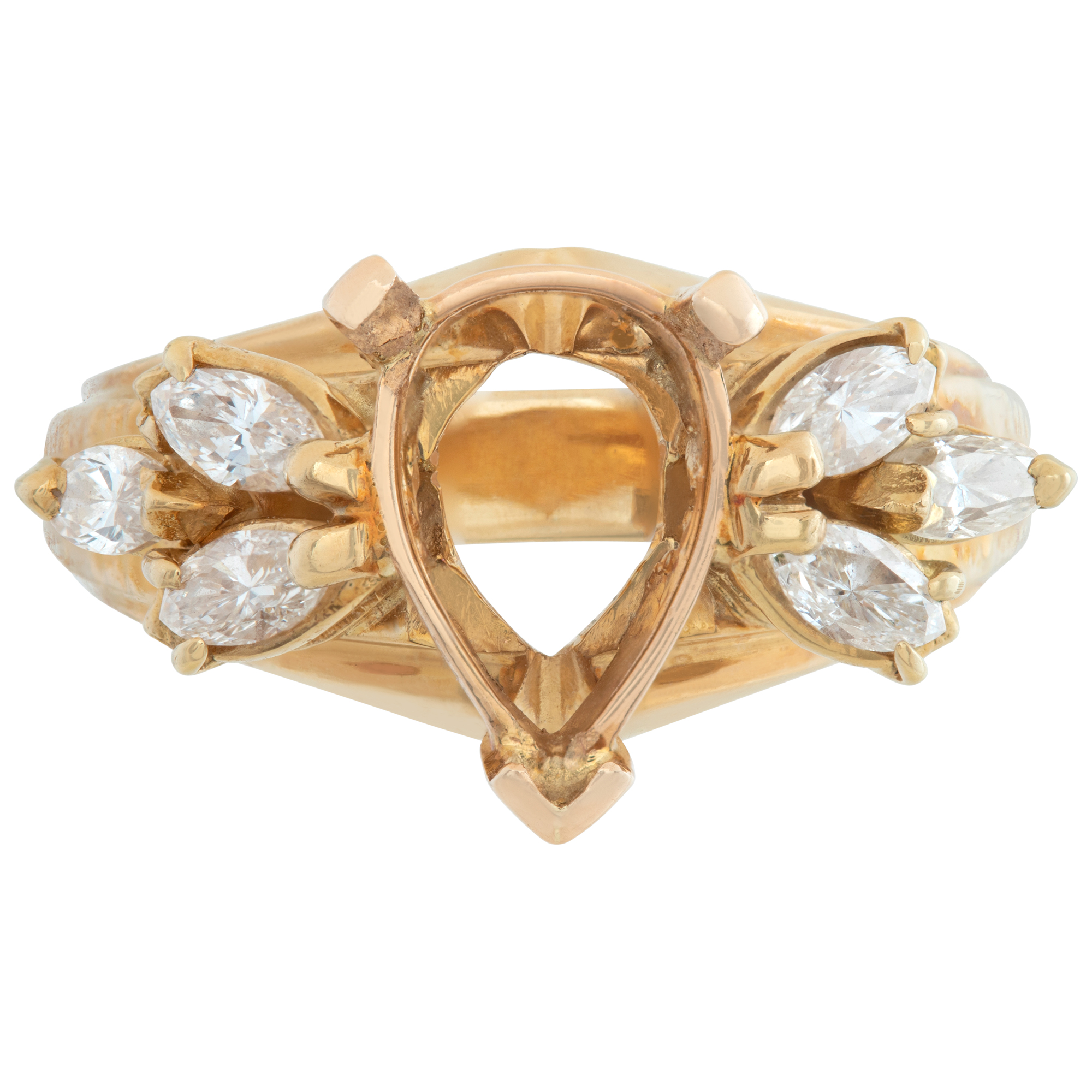Diamond setting in 18K yellow gold, for pear shape diamond (6 x 10mm), with 6 brilliant marquise shape diamonds on sid image 2