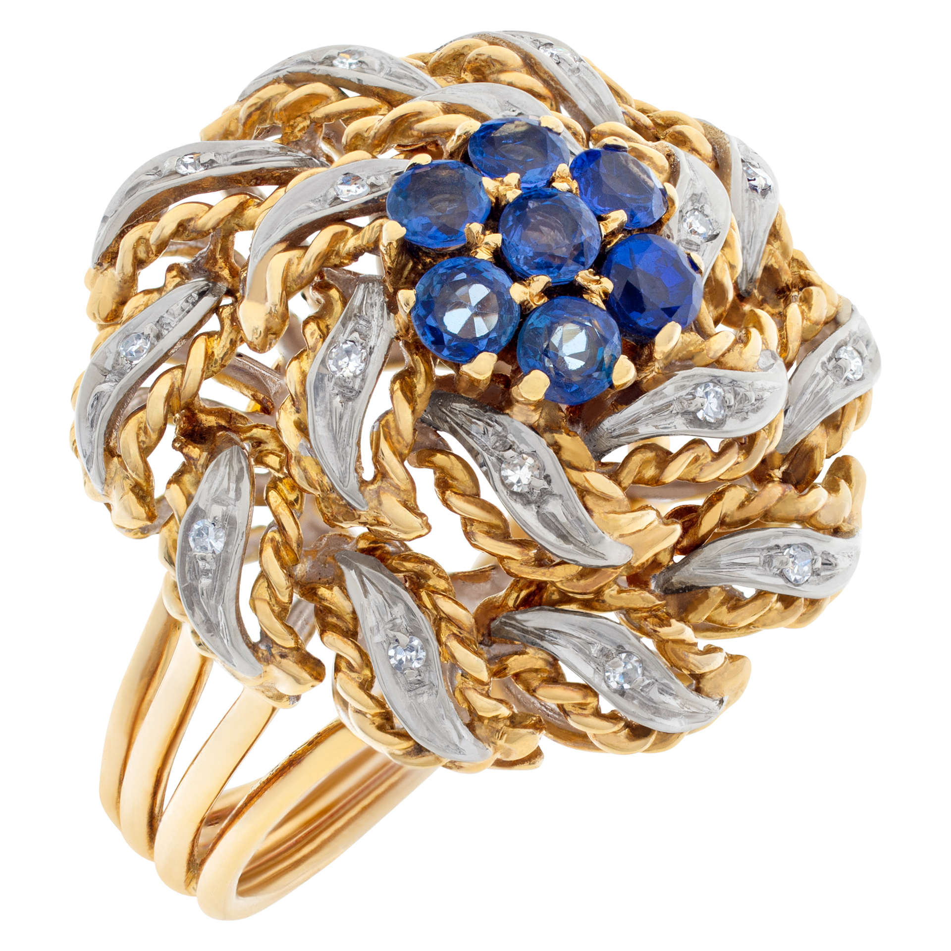 VIntage circa 1980's, Diamonds & Sapphire cocktail ring set in 18k white and yellow gold. image 3