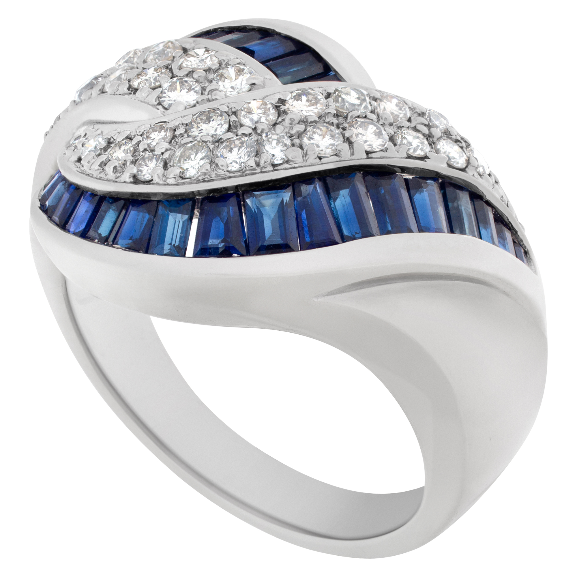Criss-Cross sapphire & diamond ring in 14K white gold. Approx 1 carat tapered emerald cut sapphire and 0.75 carat full cut round diamond. image 4