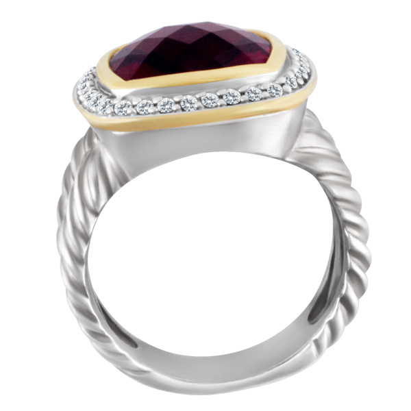 David Yurman Albion ring in sterling silver & 18k with Garnet surrounded by diamonds image 3