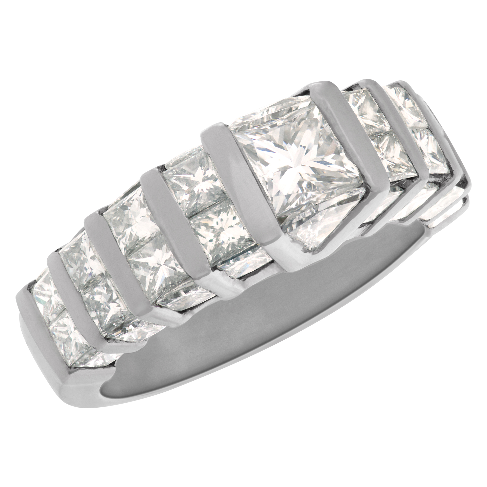 Platinum diamond band with channel set princess cut & trillion cut diamonds. 3.95cts image 3