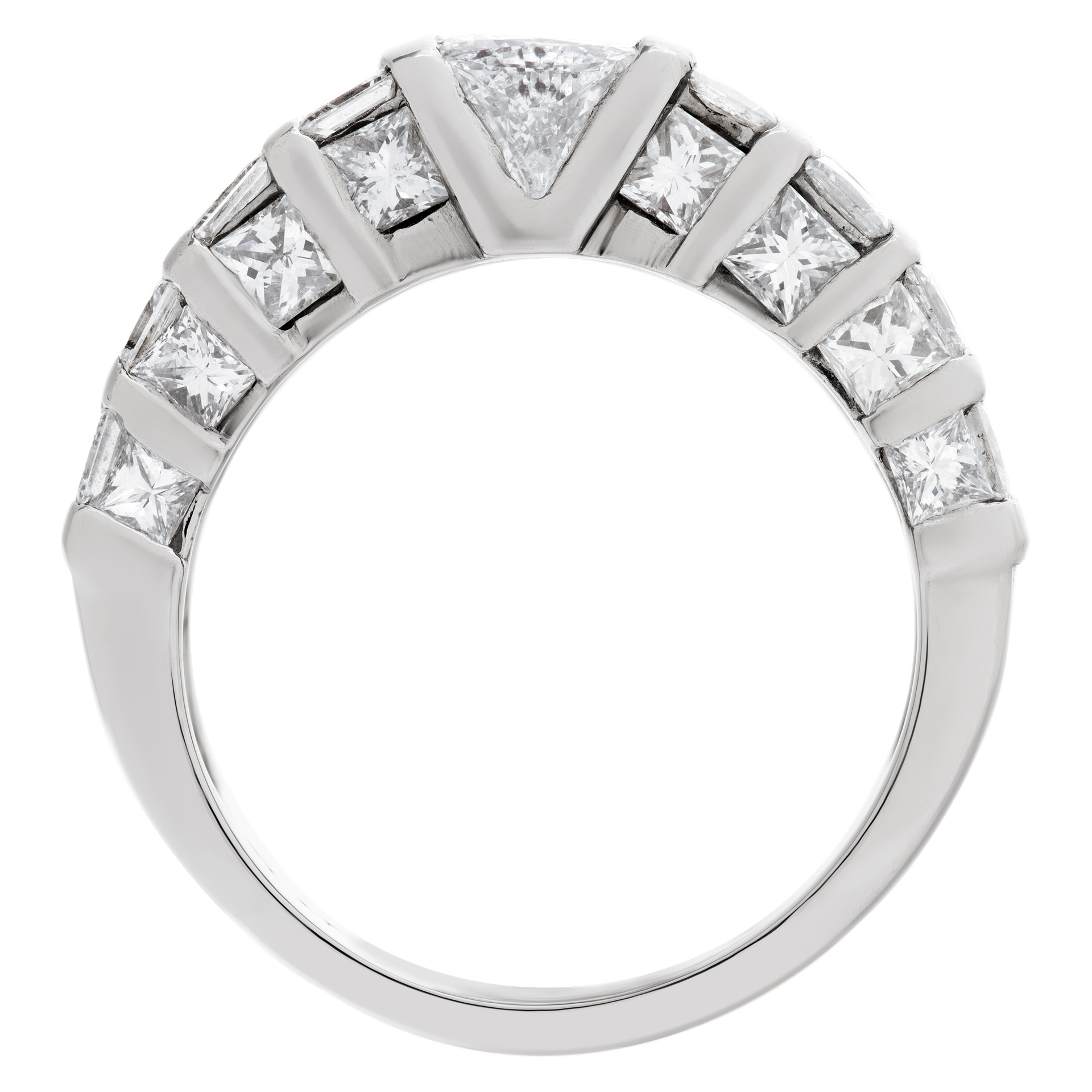Platinum diamond band with channel set princess cut & trillion cut diamonds. 3.95cts image 4