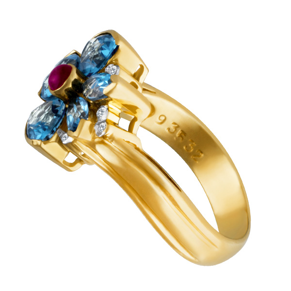 Clover leaf ring with blue topaz, ruby and diamonds image 2
