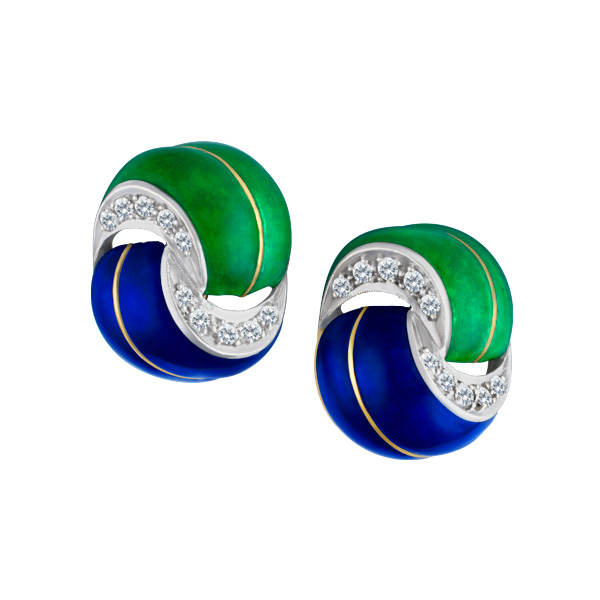 Lovely blue & green enamel cufflinks in 18k with diamonds accent image 1