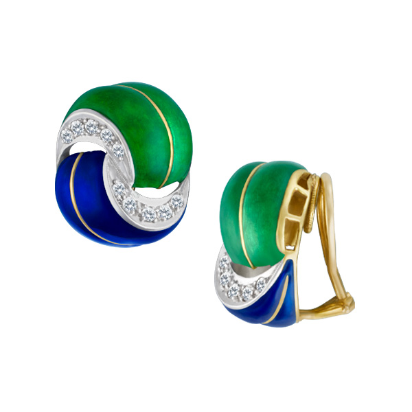 Lovely blue & green enamel cufflinks in 18k with diamonds accent image 2