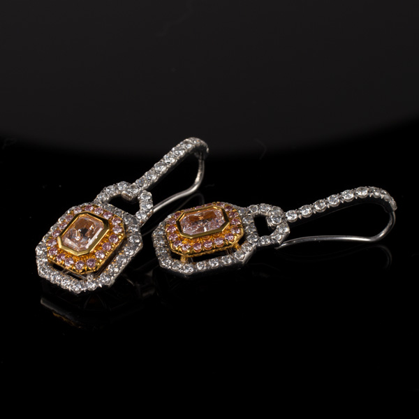 Double halo diamond earrings in platinum and 18k rose gold image 2