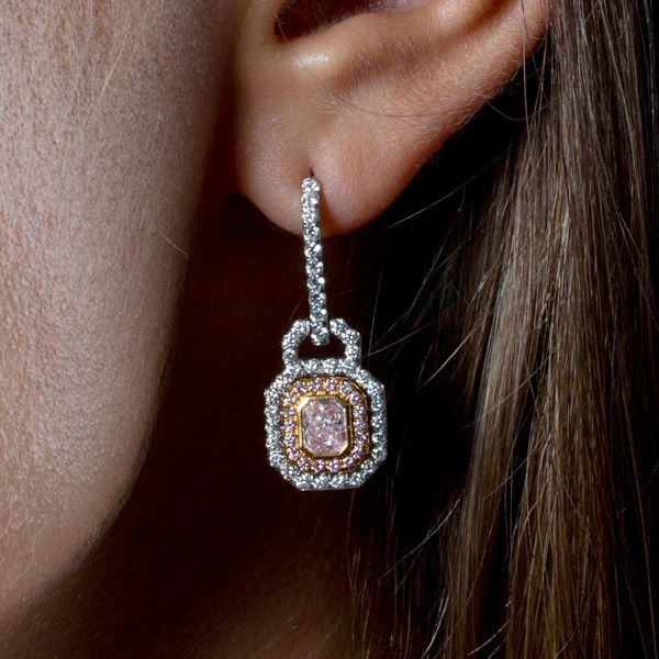Double halo diamond earrings in platinum and 18k rose gold image 3