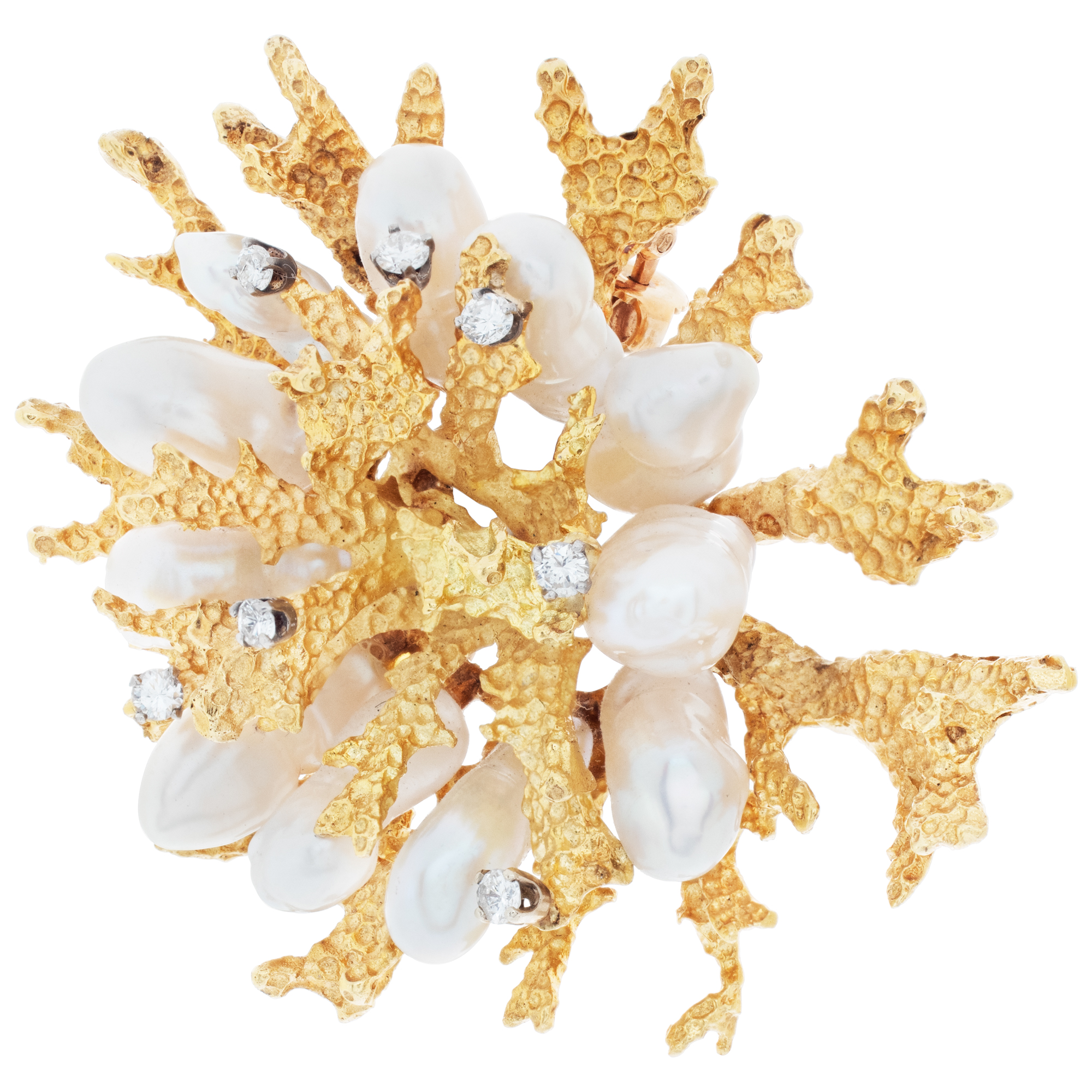 Coral motif diamond and pearl brooch in 18k yellow gold. 1.00 carat in diamonds. image 2