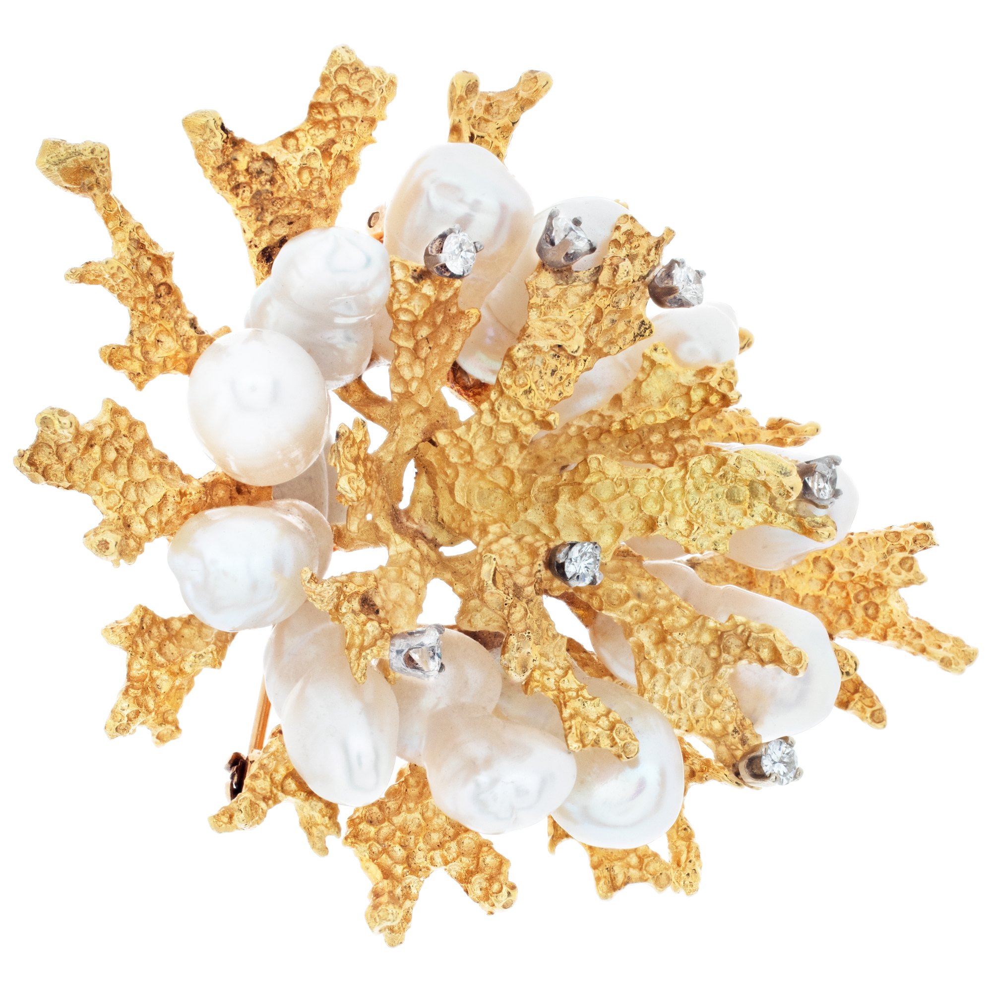 Coral motif diamond and pearl brooch in 18k yellow gold. 1.00 carat in diamonds. image 3