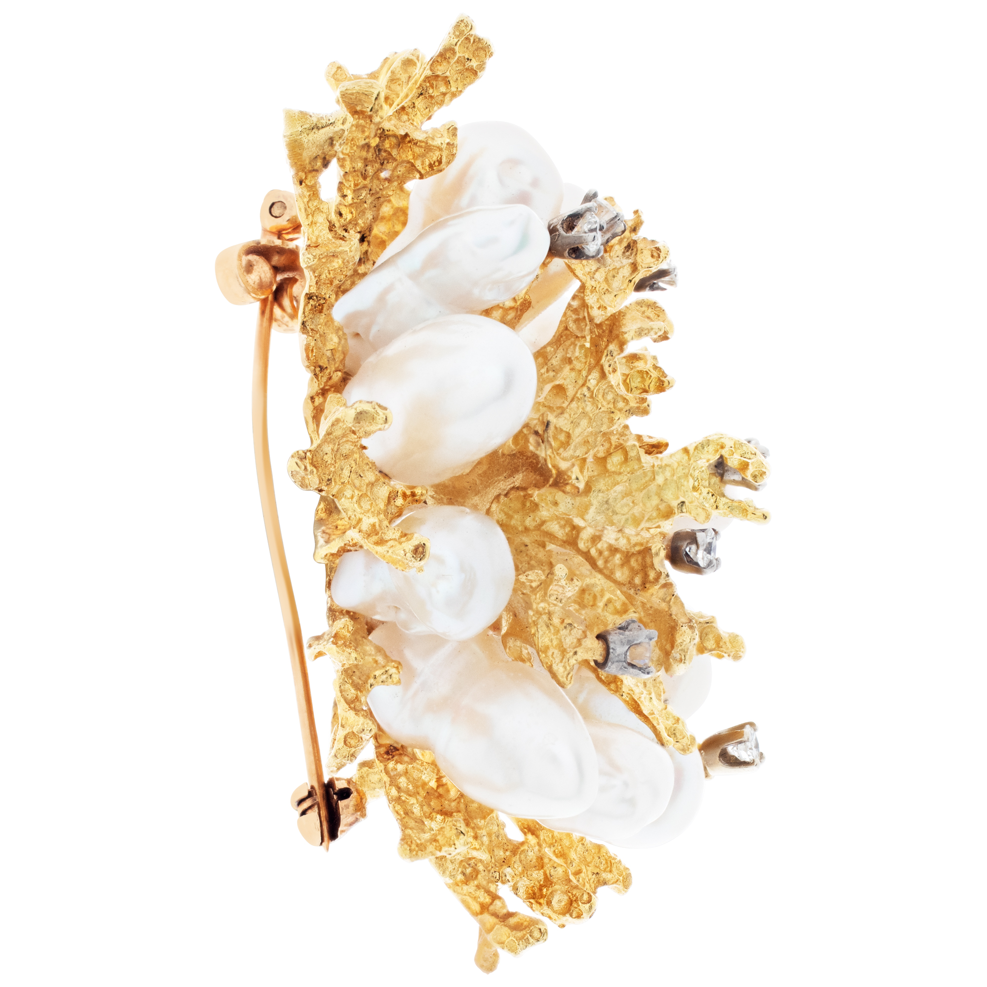 Coral motif diamond and pearl brooch in 18k yellow gold. 1.00 carat in diamonds. image 4