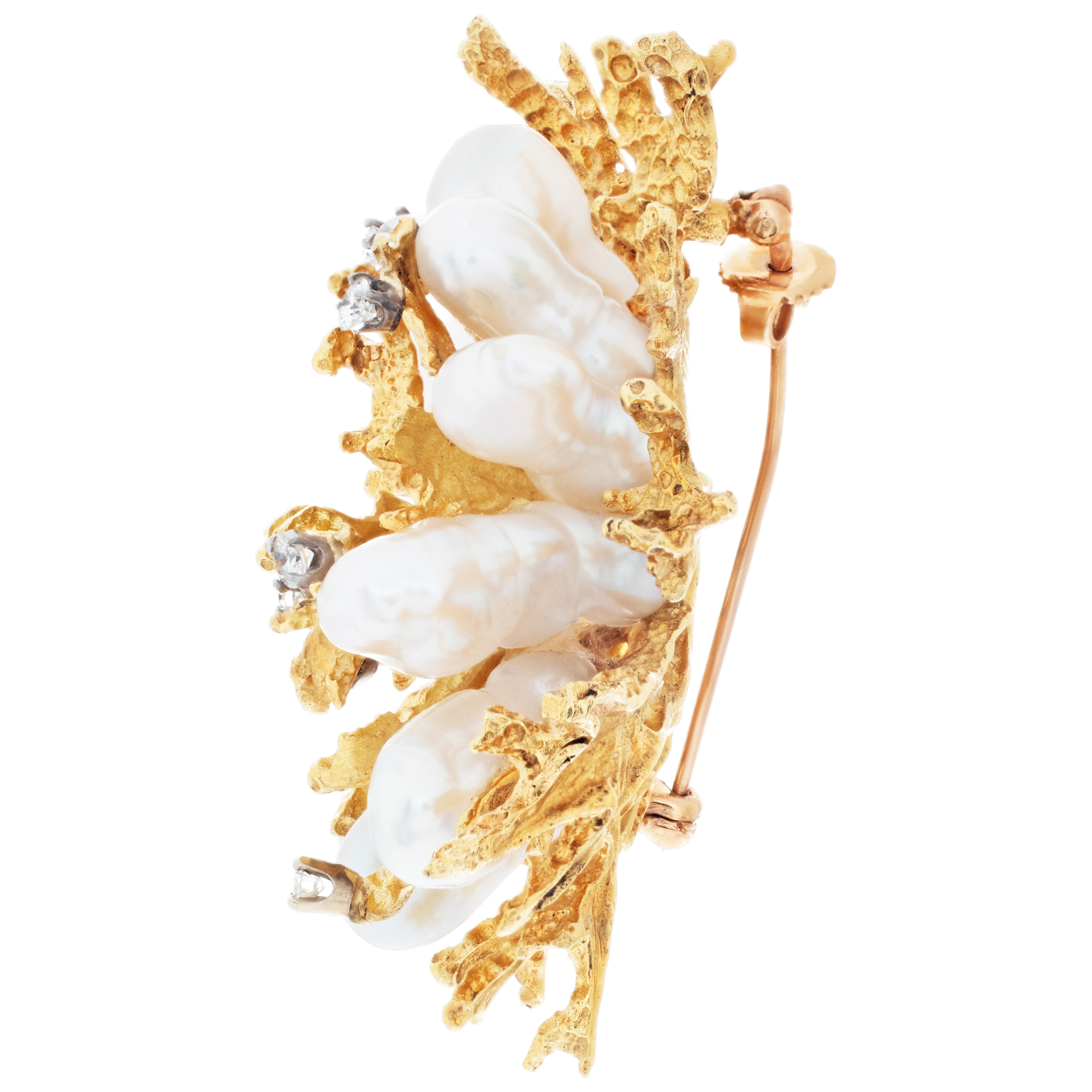 Coral motif diamond and pearl brooch in 18k yellow gold. 1.00 carat in diamonds. image 6