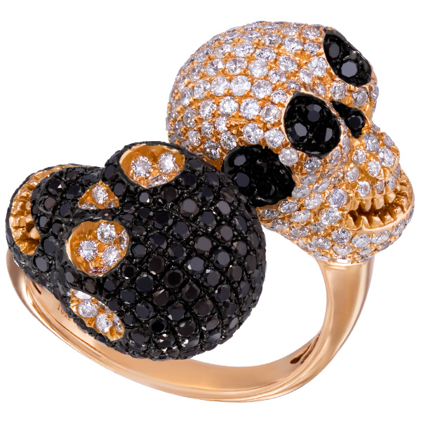 Double Skull Ring in 18k rose with white and black diamonds. 3.44 cts. Size 7 image 1