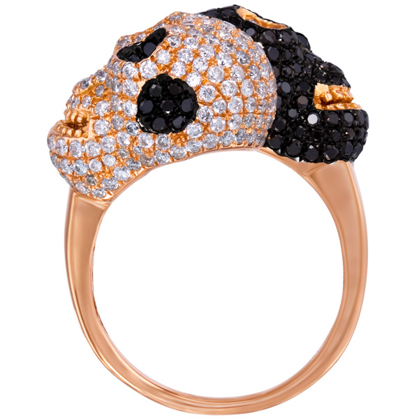 Double Skull Ring in 18k rose with white and black diamonds. 3.44 cts. Size 7 image 2
