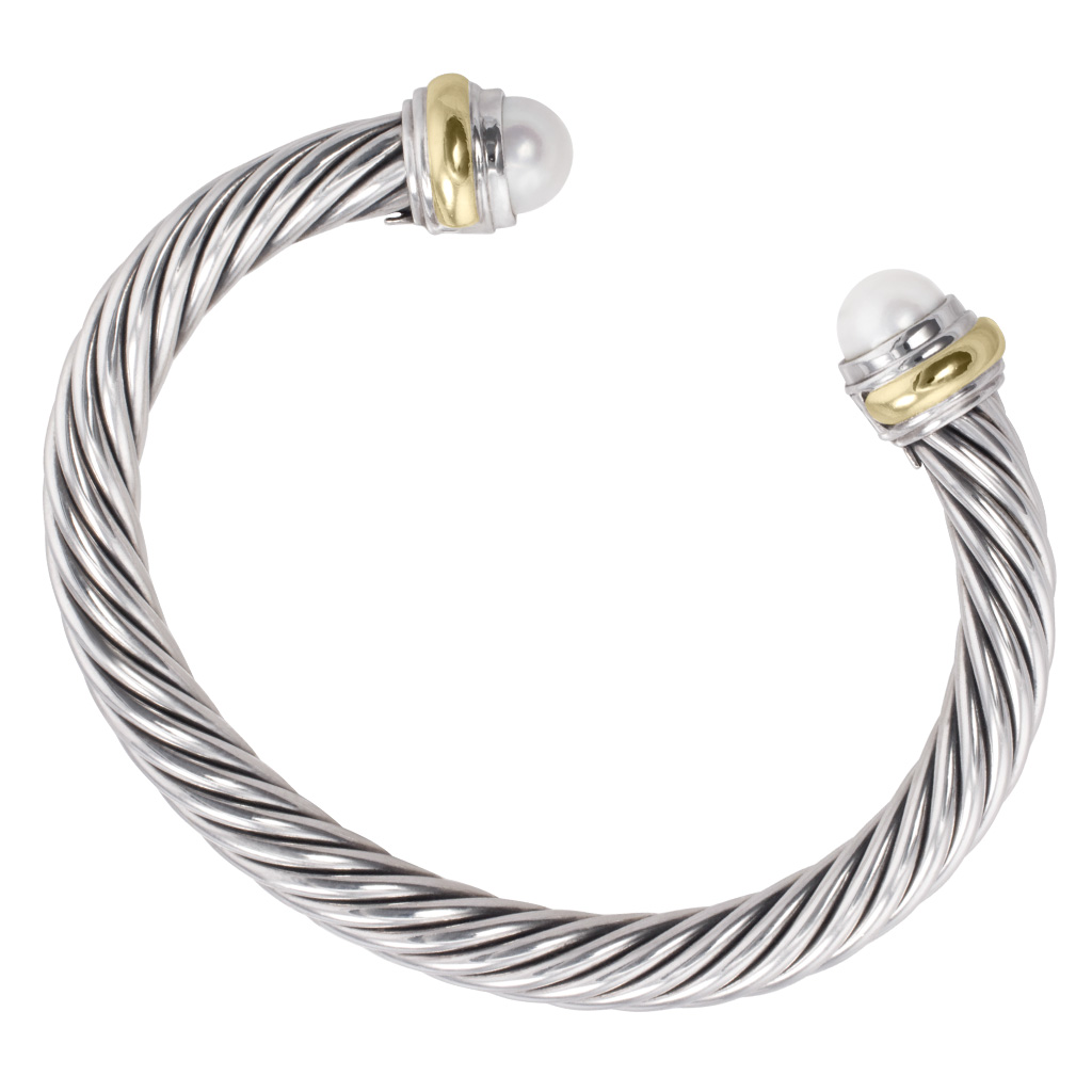 David Yurman Classic bangle in 14k & sterling with pearl end caps image 2