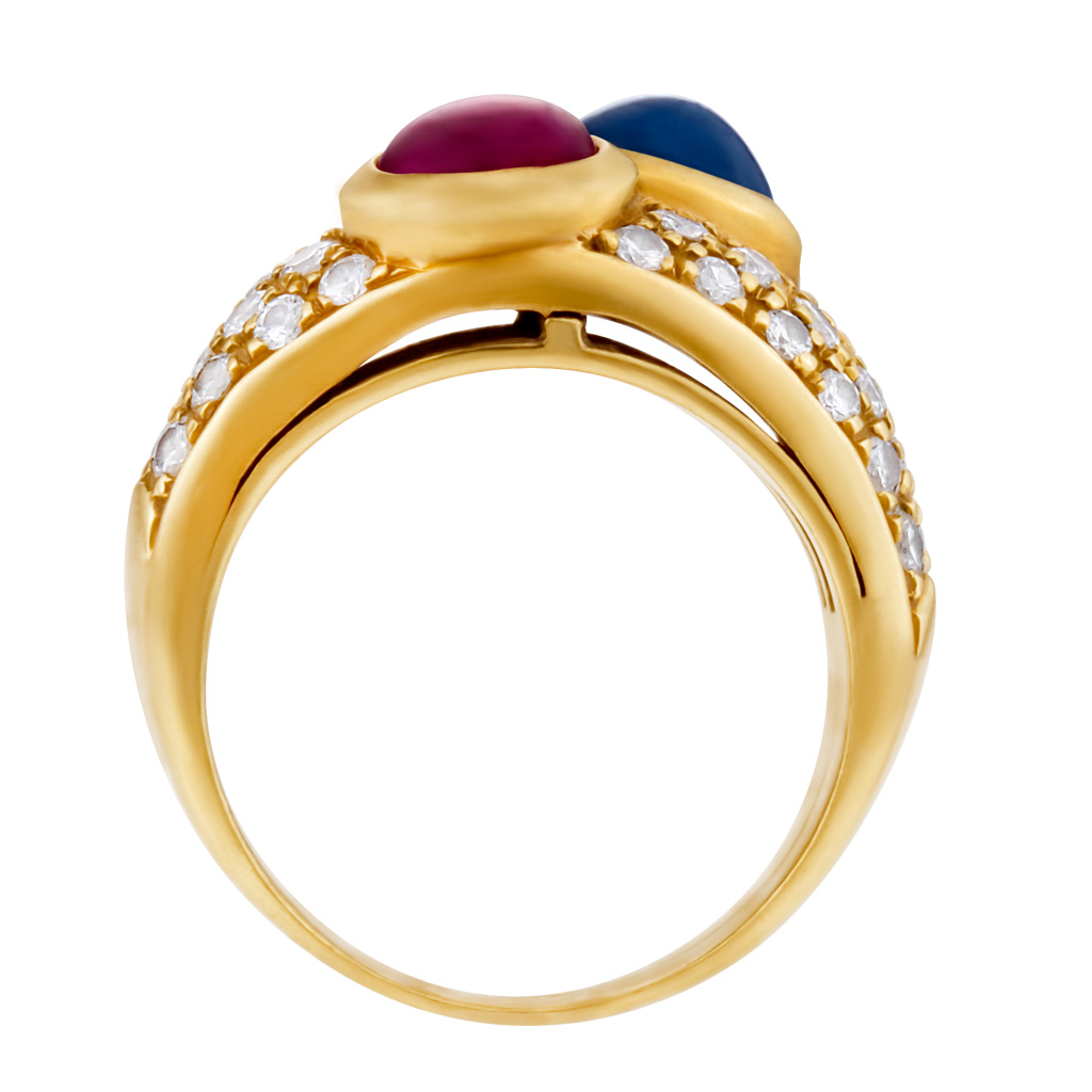Cabachon ruby and sapphire ring with pave diamonds in 18k yellow gold. Size 5 image 2