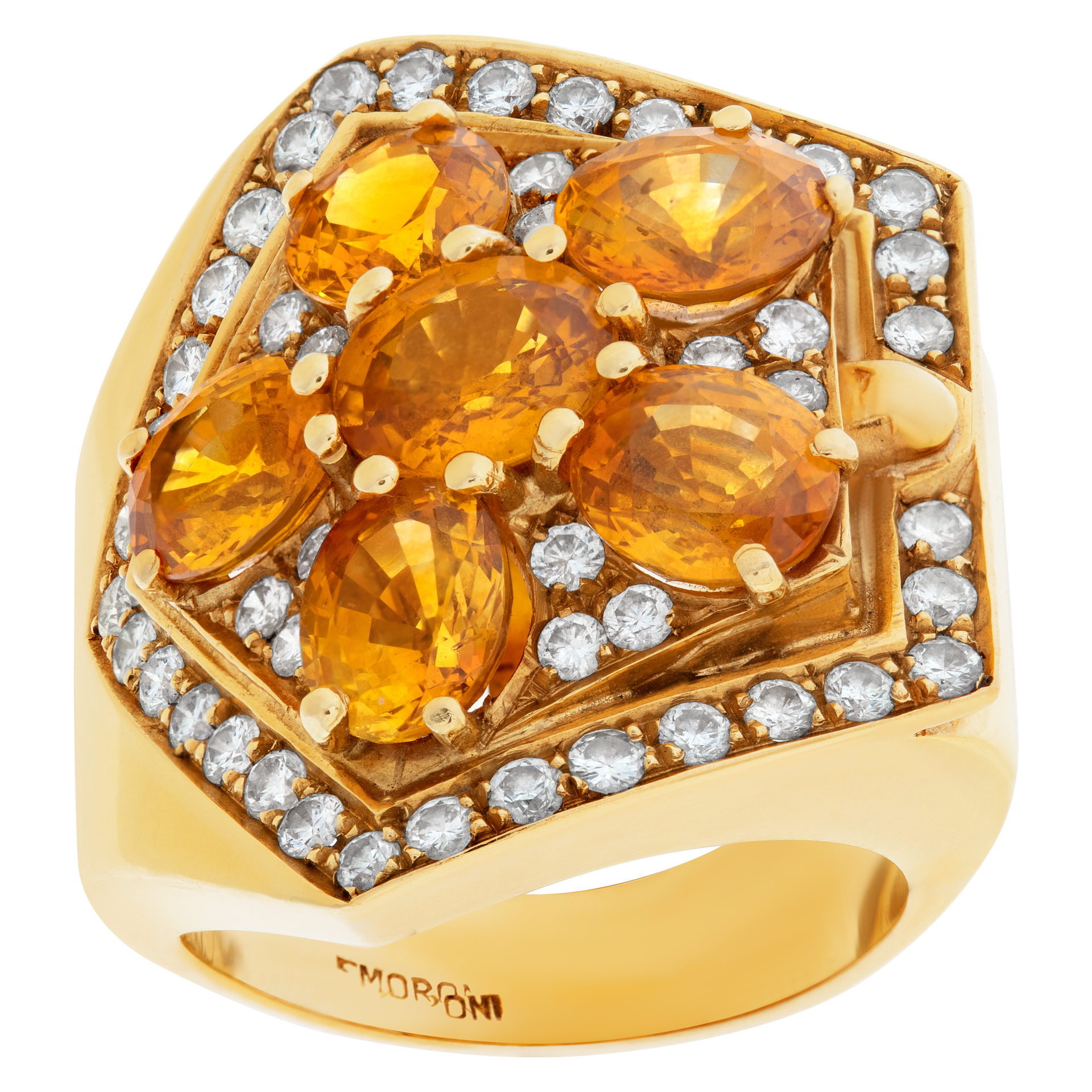 Oval brilliant cut orange sapphire & diamond ring set in 18K gold. Orange sapphires approx total weight over 7.00 carats. Round brilliant cut diamonds approx total weight: 1.00 carat image 1
