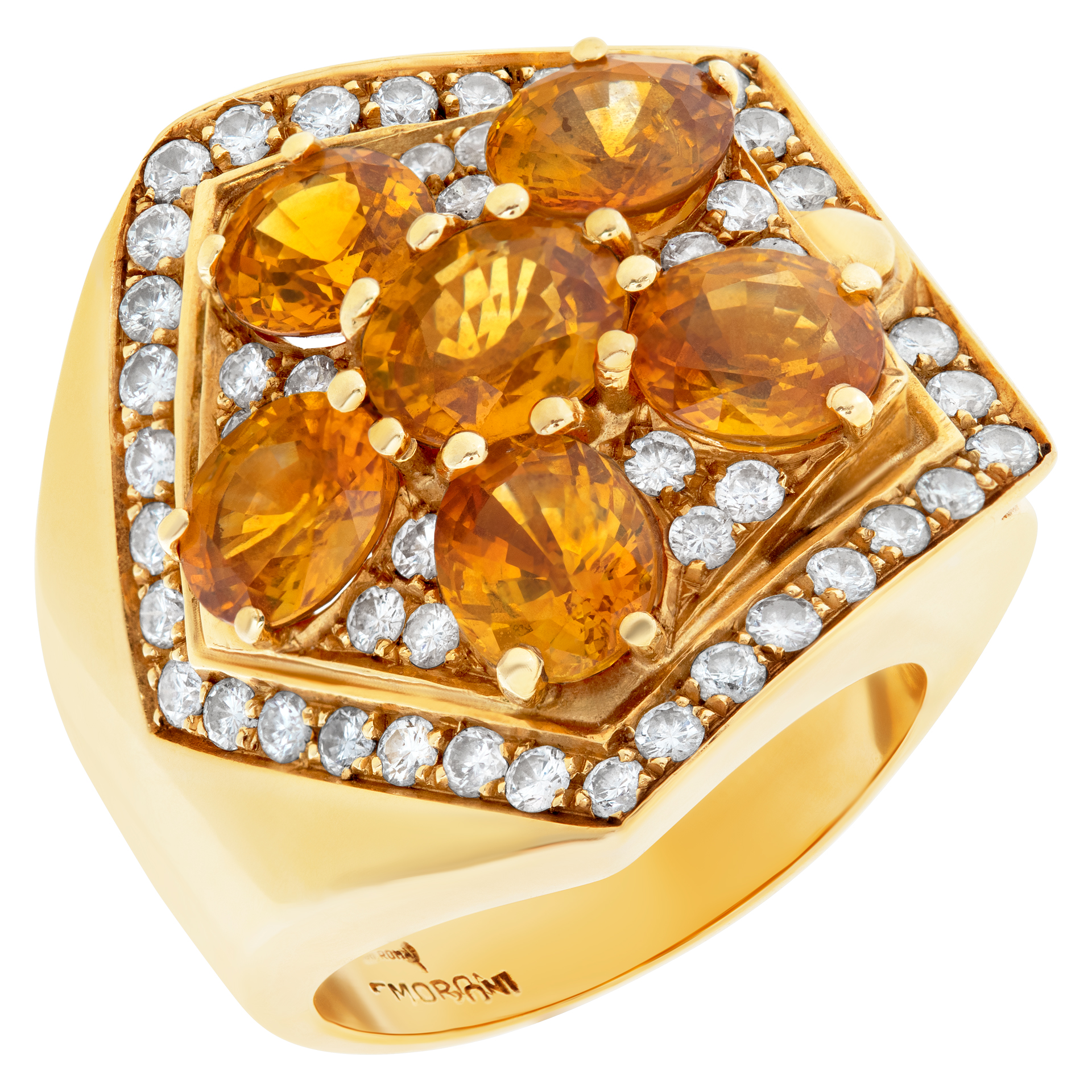 Oval brilliant cut orange sapphire & diamond ring set in 18K gold. Orange sapphires approx total weight over 7.00 carats. Round brilliant cut diamonds approx total weight: 1.00 carat image 3