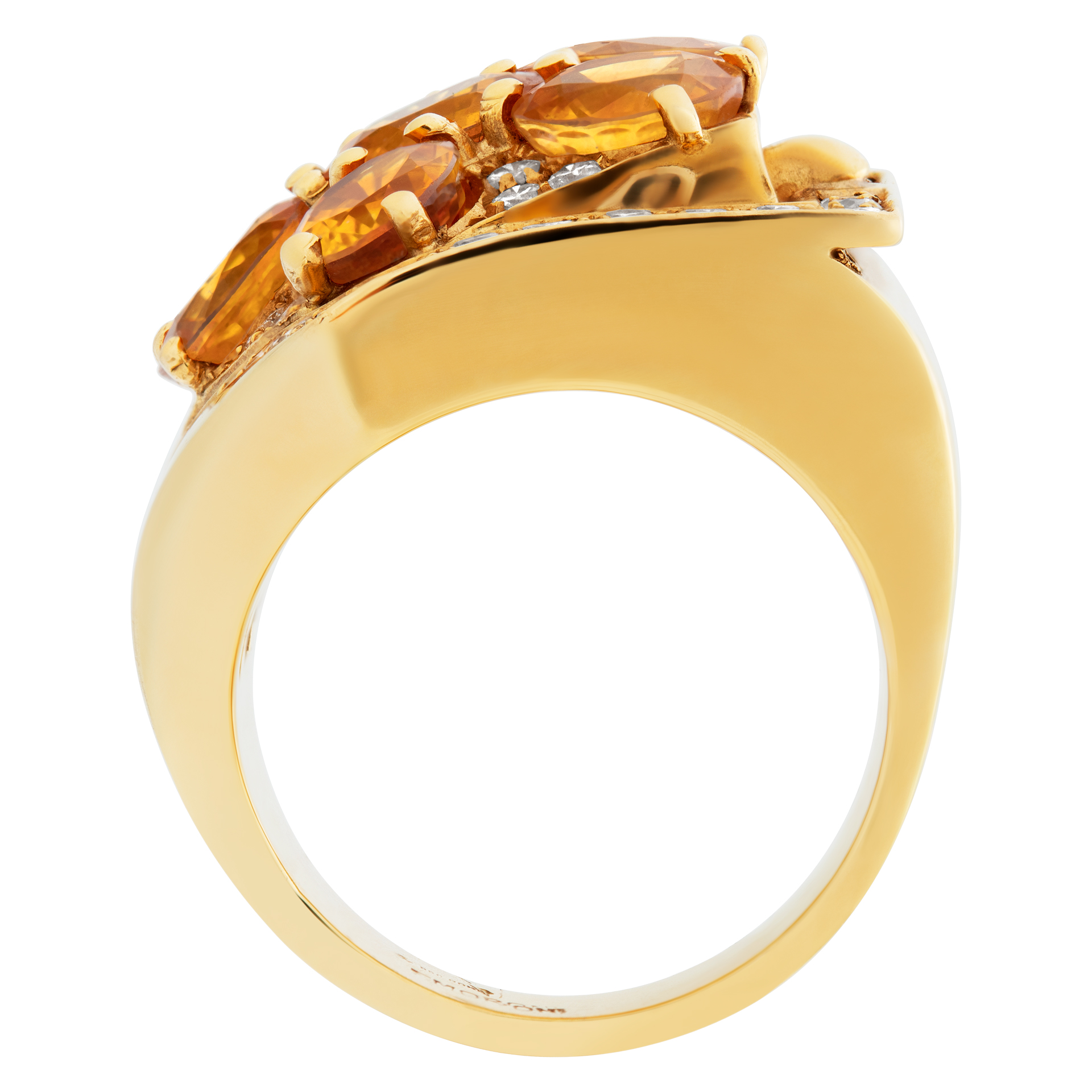 Oval brilliant cut orange sapphire & diamond ring set in 18K gold. Orange sapphires approx total weight over 7.00 carats. Round brilliant cut diamonds approx total weight: 1.00 carat image 4