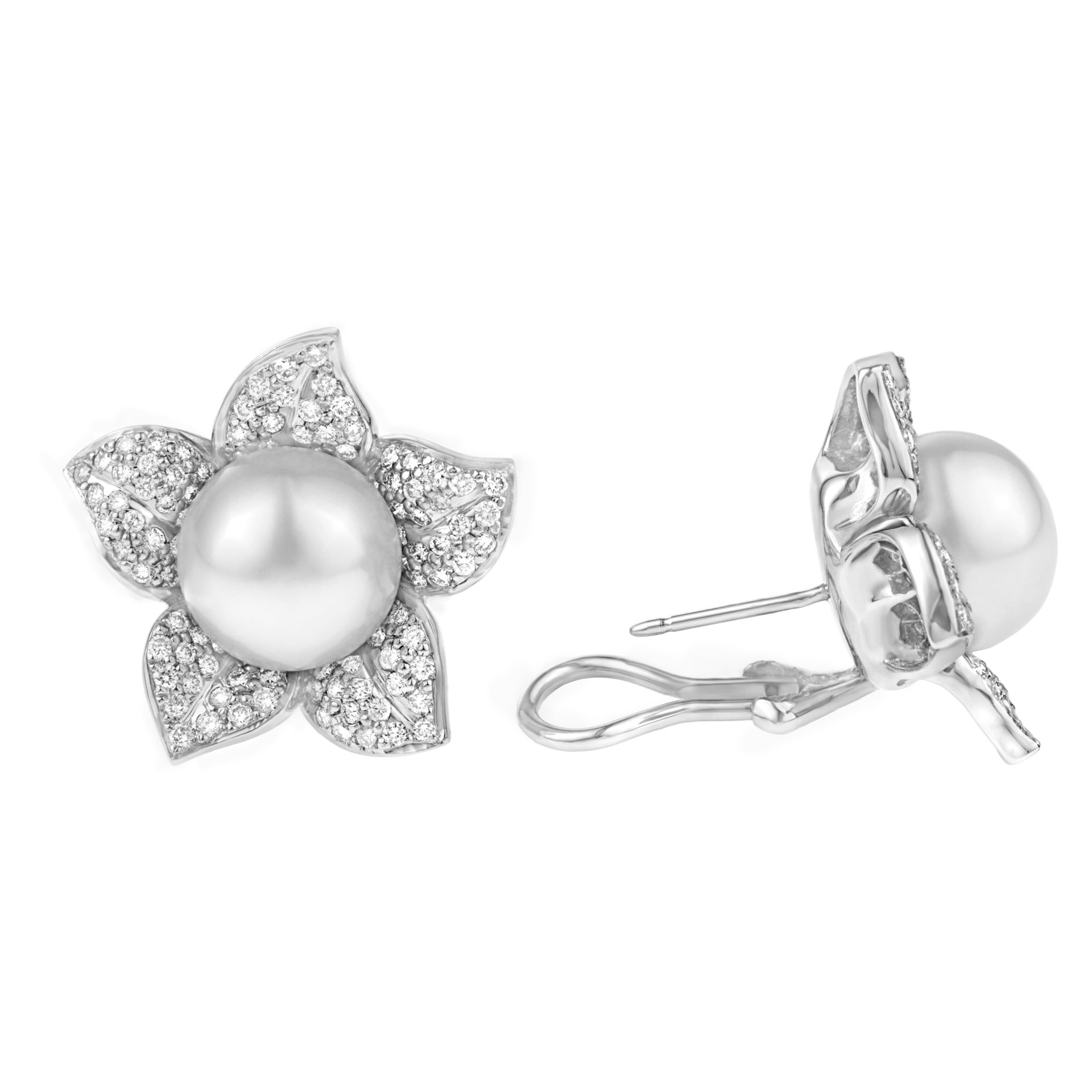 18k white gold pearl earrings with diamond accents image 2