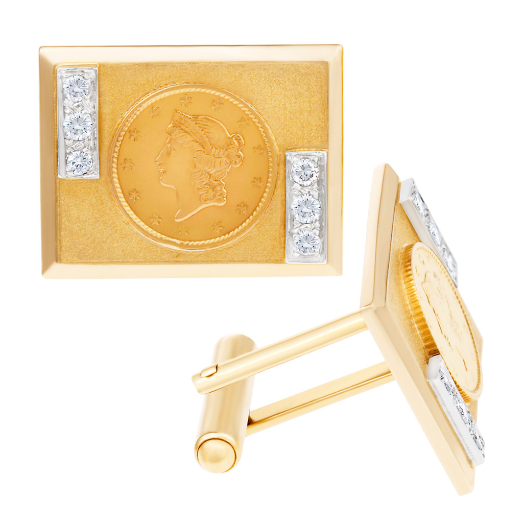 Dollar gold piece cufflinks with diamonds image 1
