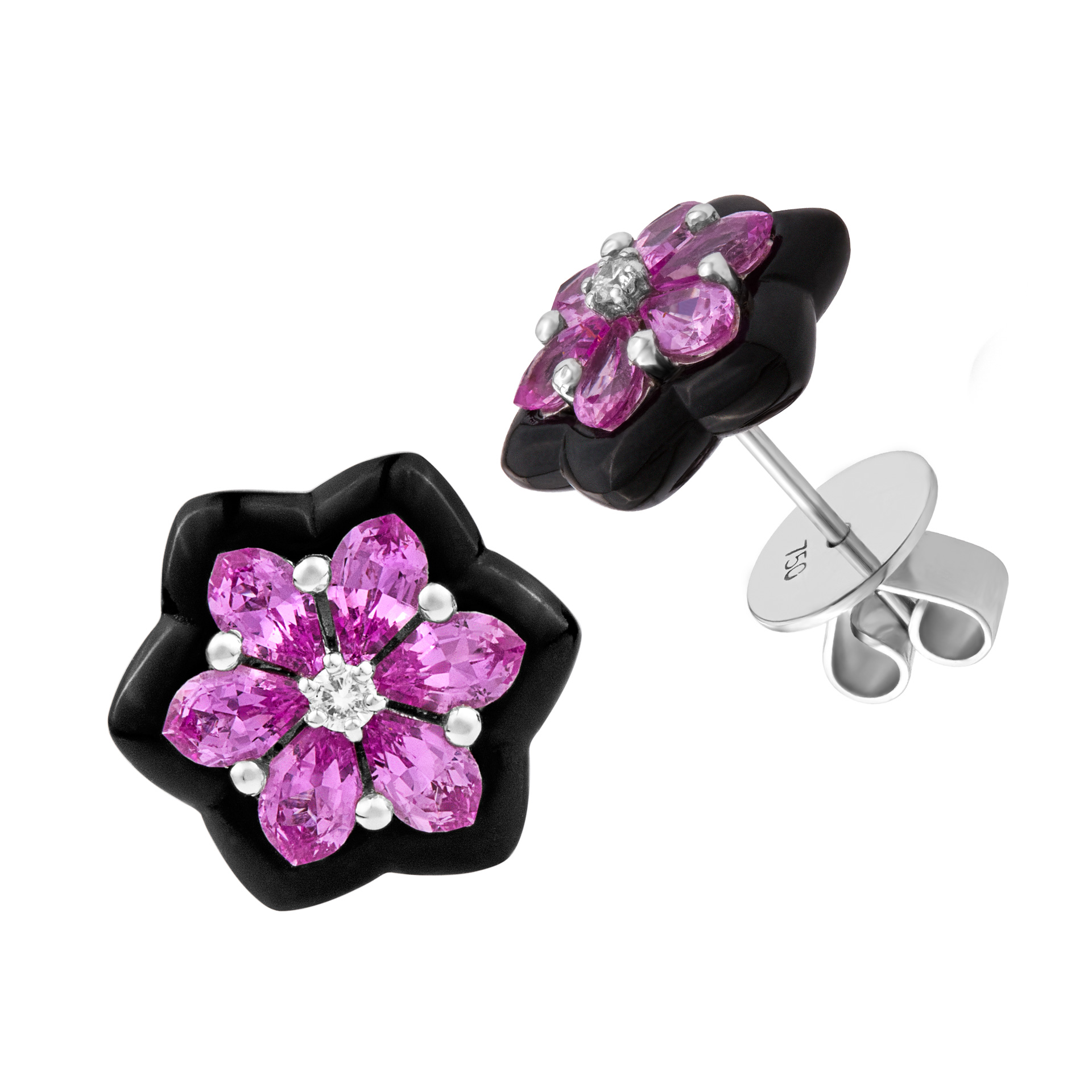 Pink sapphire & onyx earrings with diamond center. 2.00 carats in sapphires image 2
