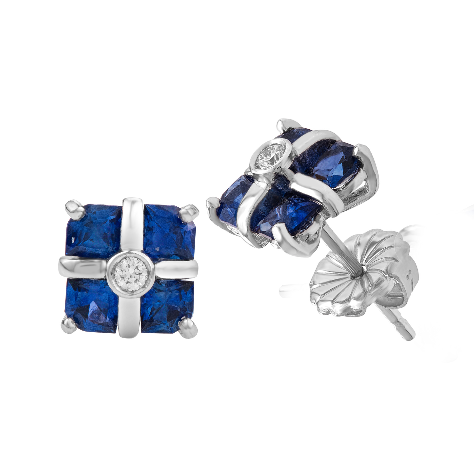 Blue sapphire & diamond stud earrings in 14k white gold image 2