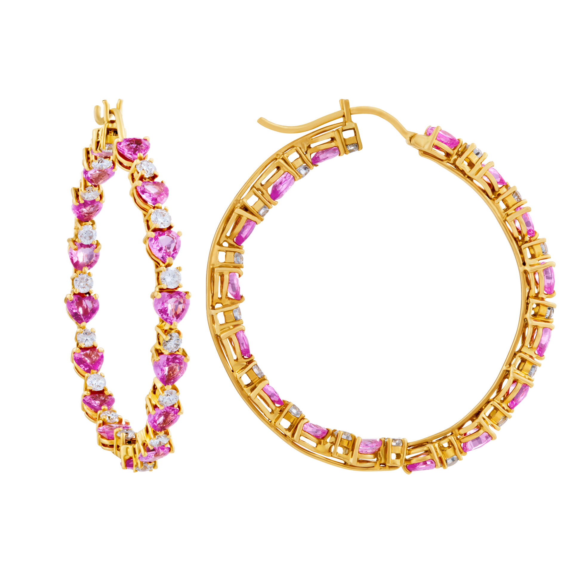 Pink sapphires and diamond  hoop earrings set in 18k yellow gold image 2