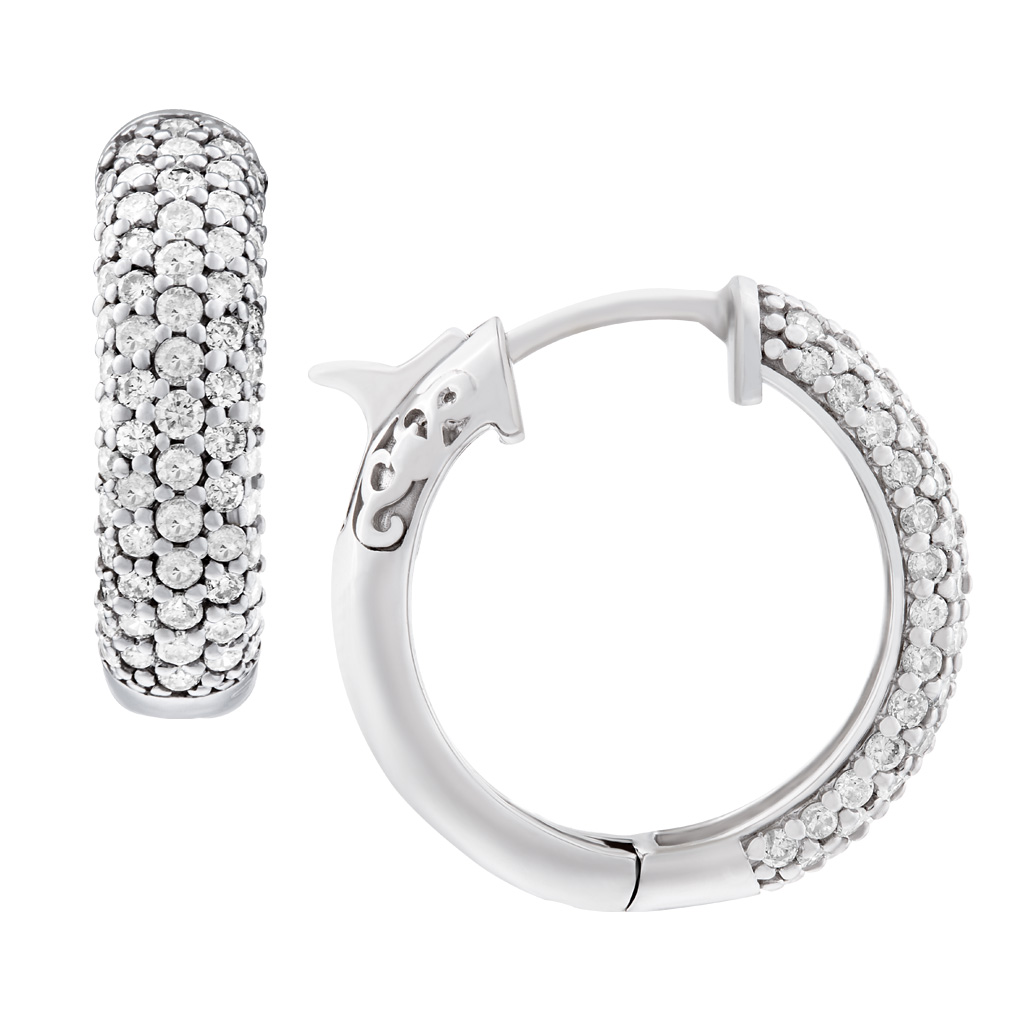 Adorable diamond huggie earrings in 18k white gold w/ 1.33 cts in diamonds. image 1