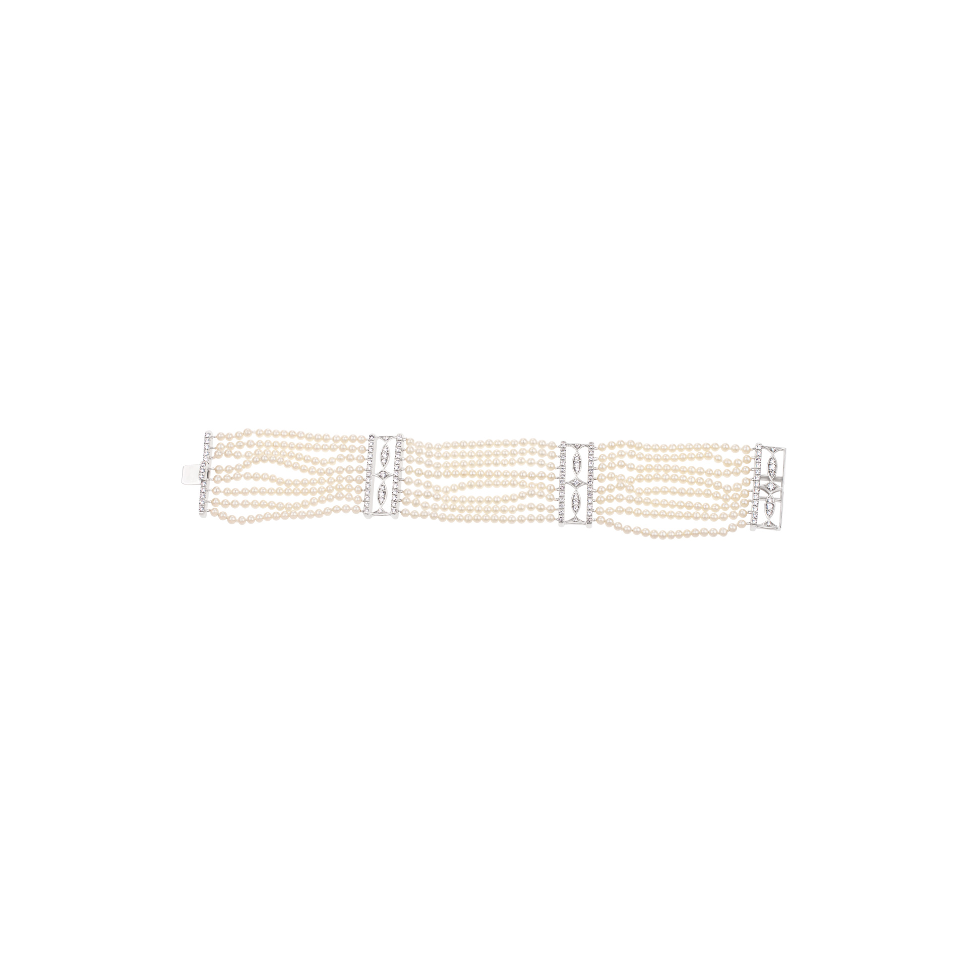 Eight strand pearl bracelet with diamonds on 18K white gold image 1