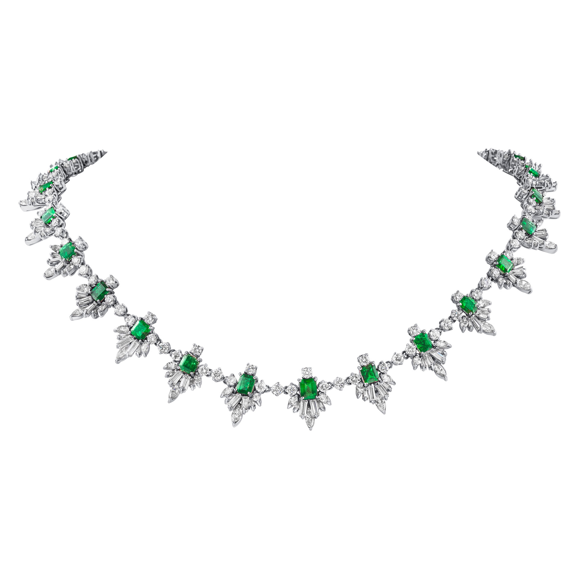 Emerald and diamond ring, earrings and necklace and bracelet in 18K white gold image 2