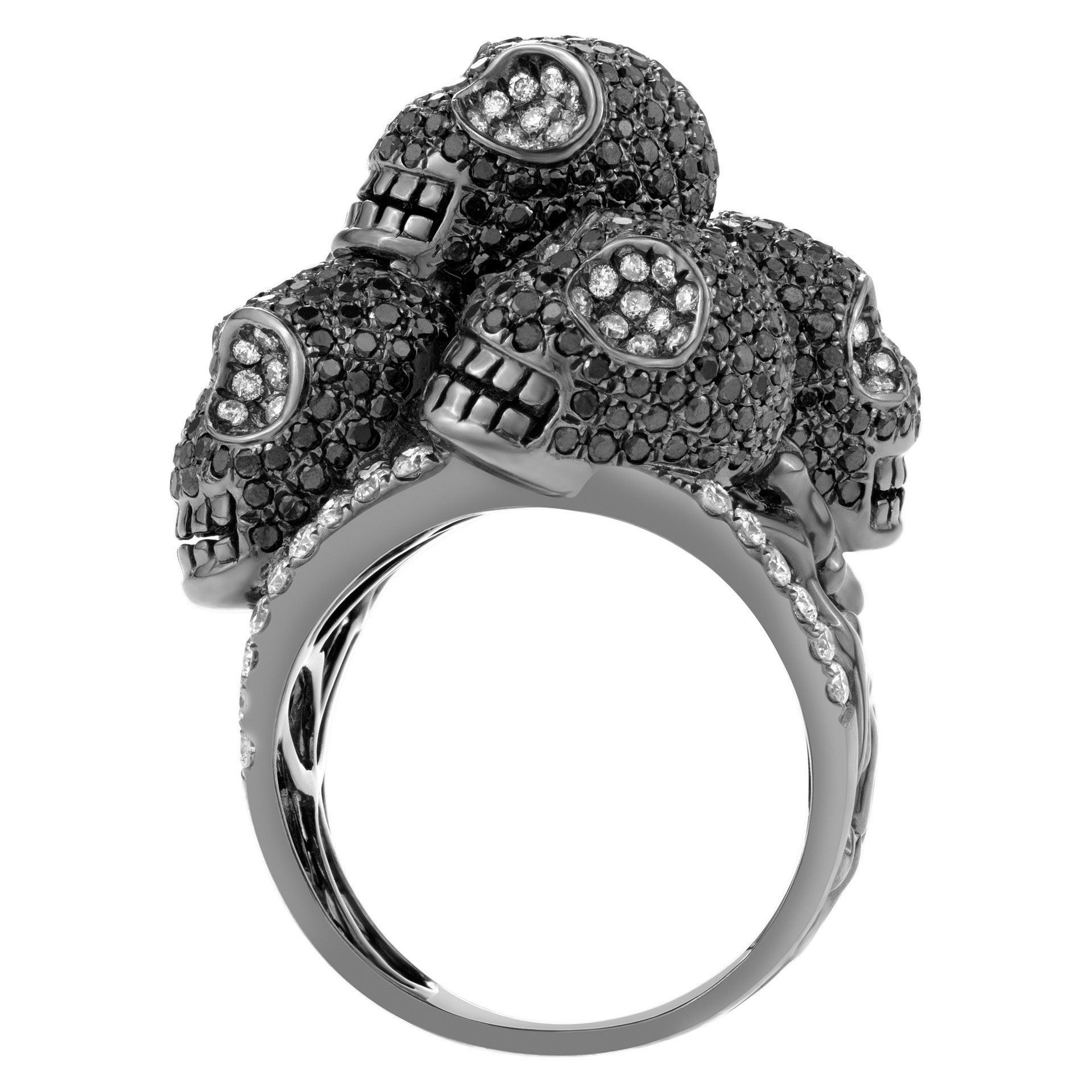 Skulls ring in 18K PVD white gold &black diamonds. 4.34 carats image 2