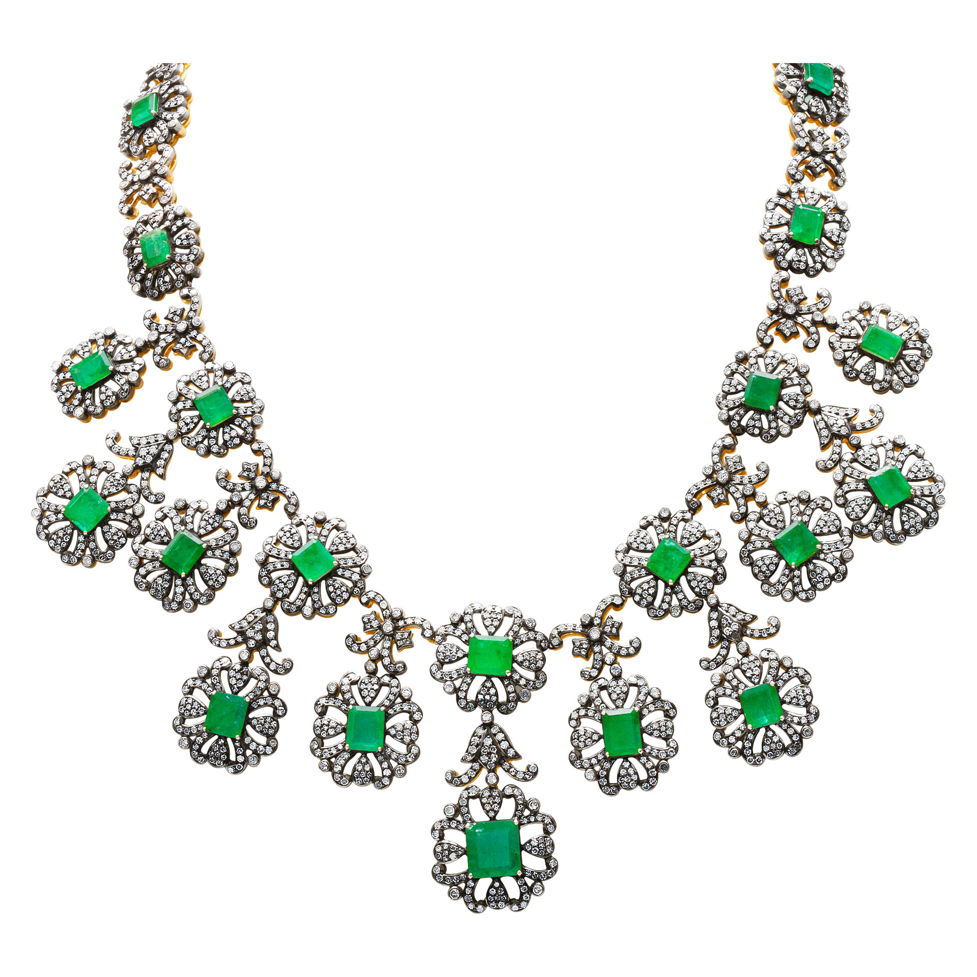 Emerald & rose cut diamond bib necklace in 14k with silver top, 21.24 cts in diamonds & 33.37 cts  in emeralds image 1