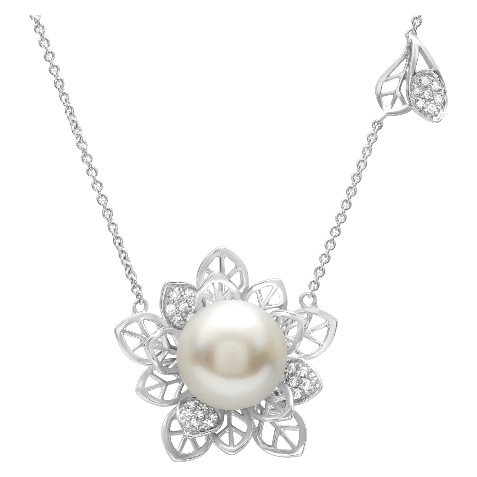 Flower style 12.3mm South Sea Pearl neacklace with diamond accents image 1