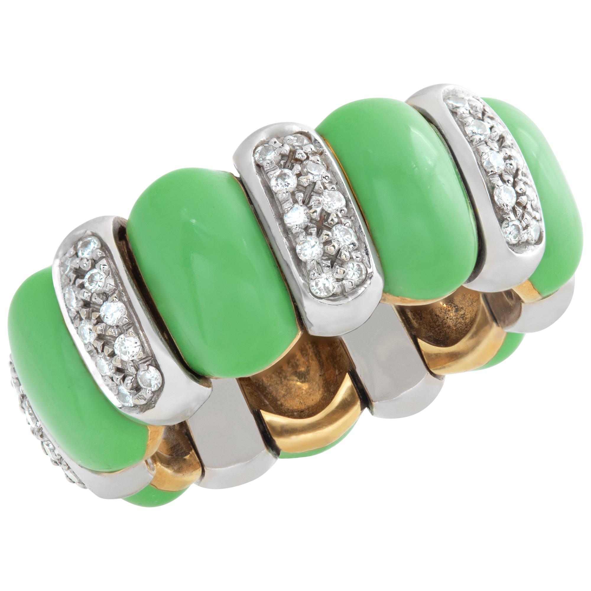 Designer signed "Valent" flexible eternity band with diamonds and cabochon green turquoise set in 18K white & yellow gold. image 3