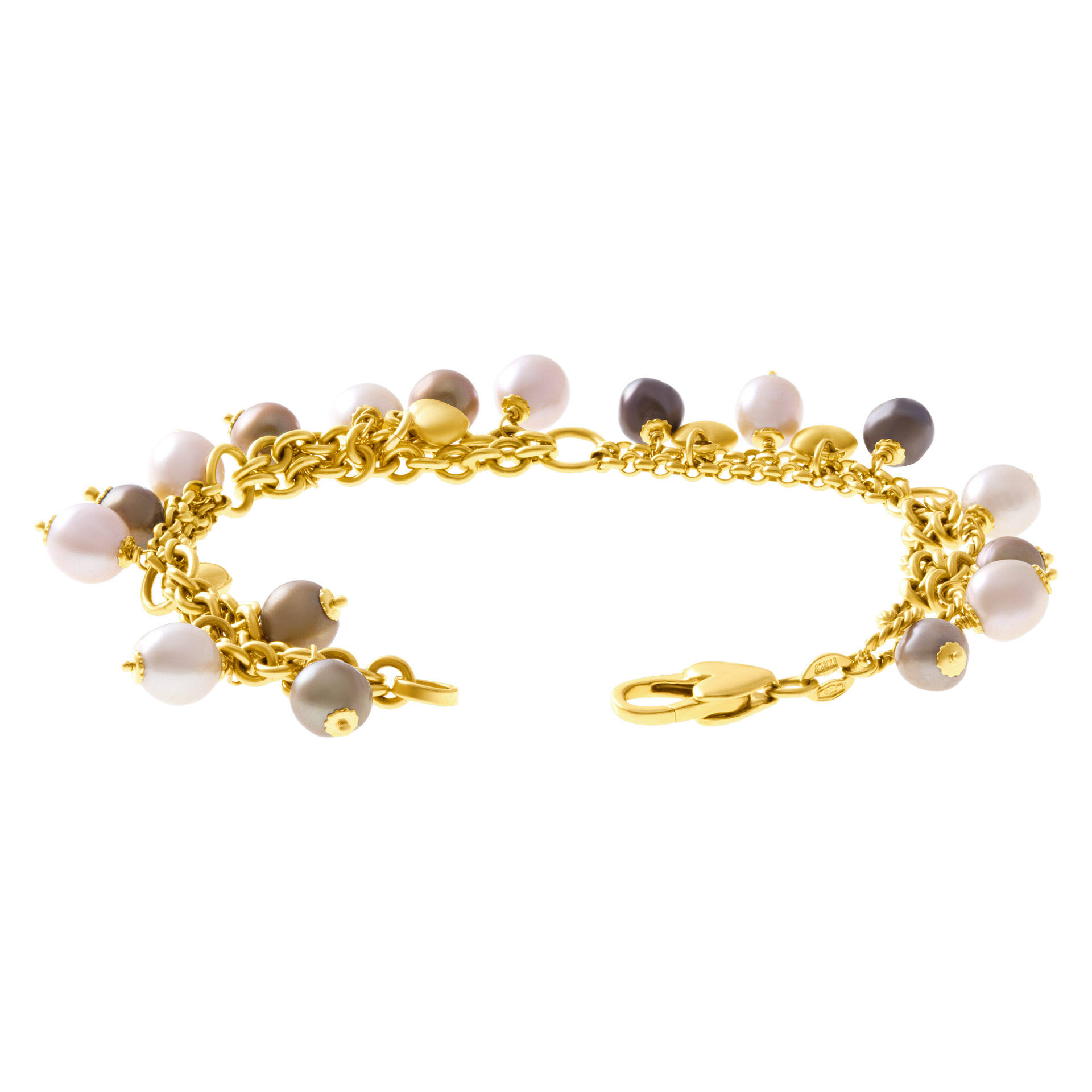 Dangling golden, grey, white fresh water pearls & gold heart charms bracelet in 18k yellow gold image 2