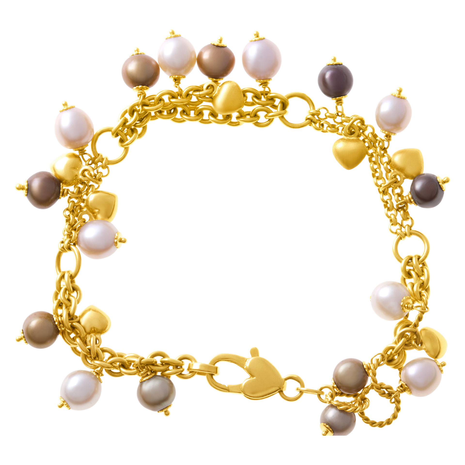 Dangling golden, grey, white fresh water pearls & gold heart charms bracelet in 18k yellow gold image 3