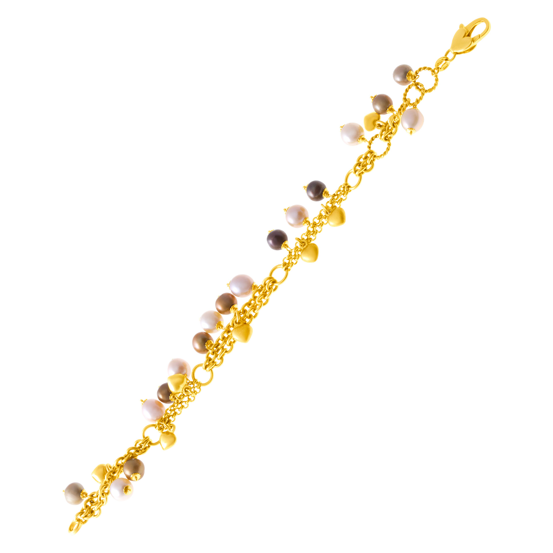 Dangling golden, grey, white fresh water pearls & gold heart charms bracelet in 18k yellow gold image 4