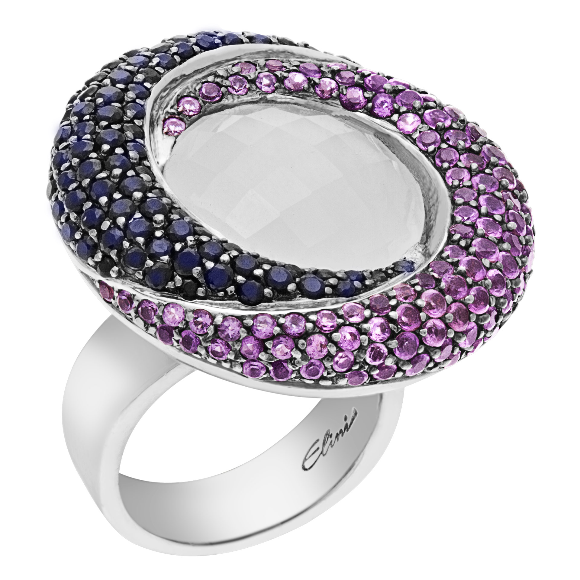 Moonstone with blue sapphires and purple amethyst ring in 18k white gold image 2