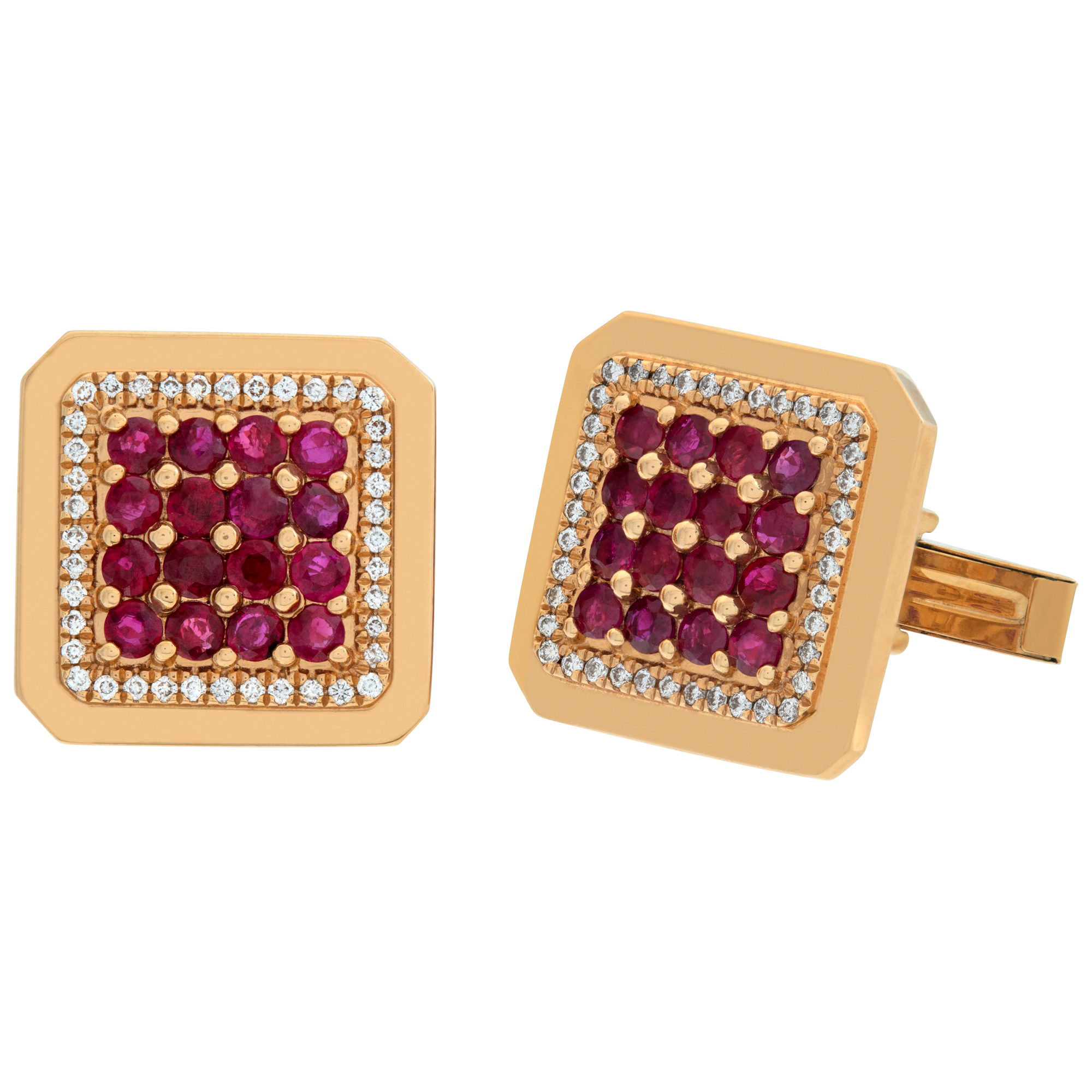 Ruby & diamonds square cufflinks, set in 18k yellow gold. Total round cut ruby approx. weight: 3.20 carats. image 2