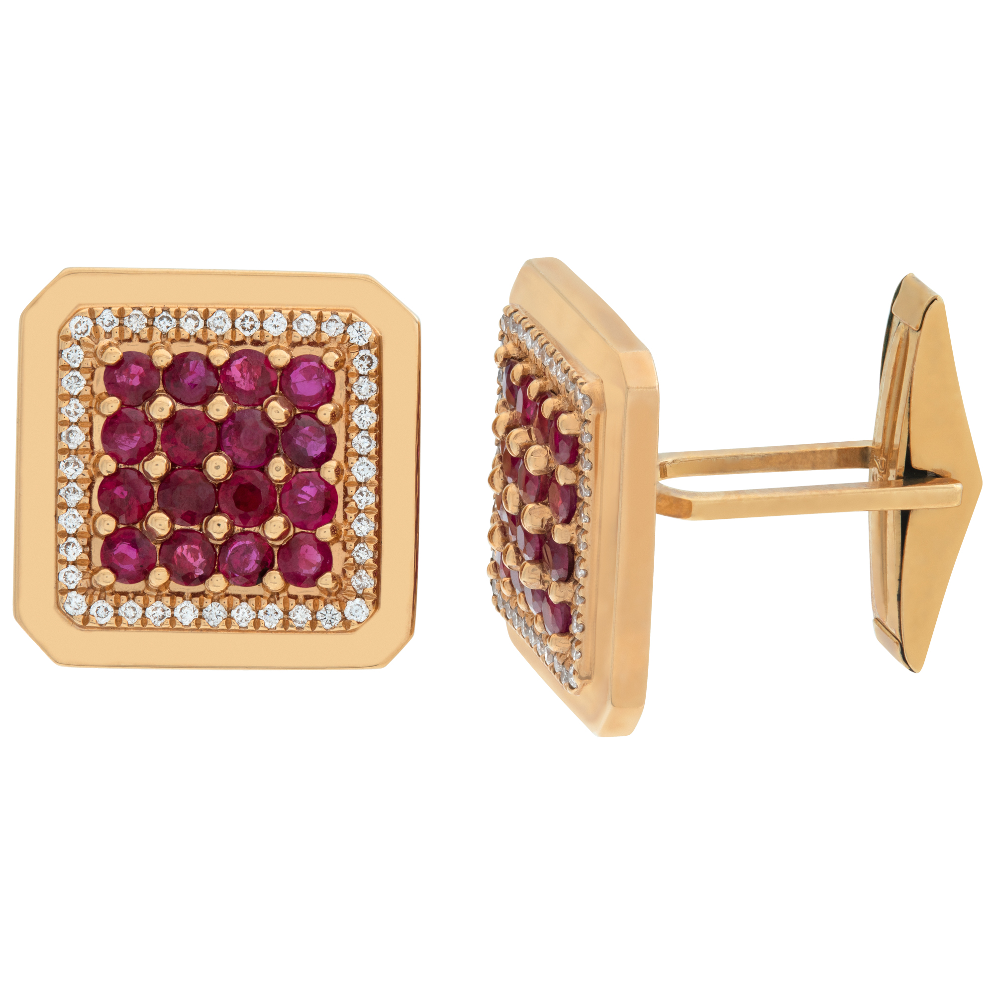 Ruby & diamonds square cufflinks, set in 18k yellow gold. Total round cut ruby approx. weight: 3.20 carats. image 3