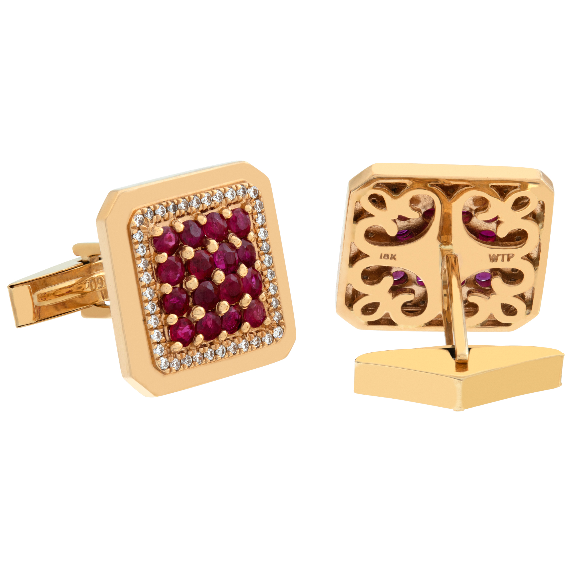 Ruby & diamonds square cufflinks, set in 18k yellow gold. Total round cut ruby approx. weight: 3.20 carats. image 4