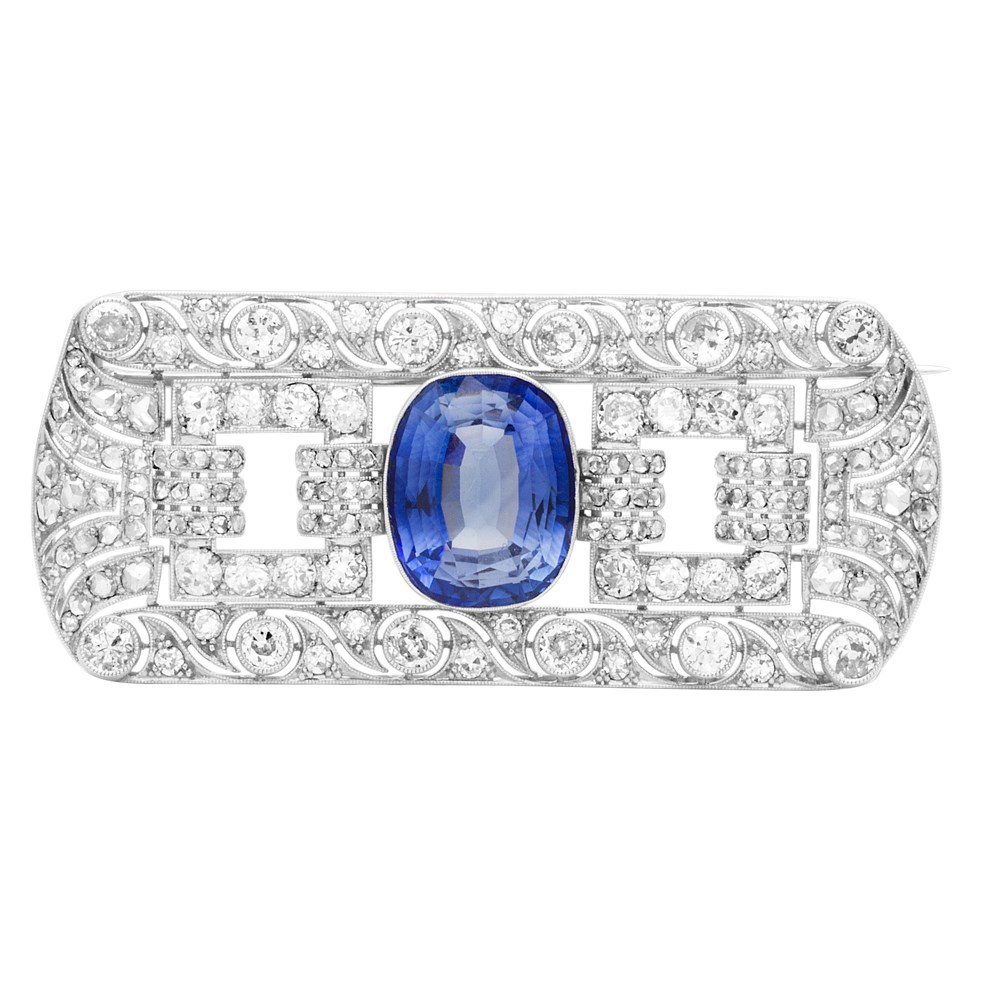 Art Deco diamond & blue sapphire platinum pin/broach 4.50cts in diamonds image 1