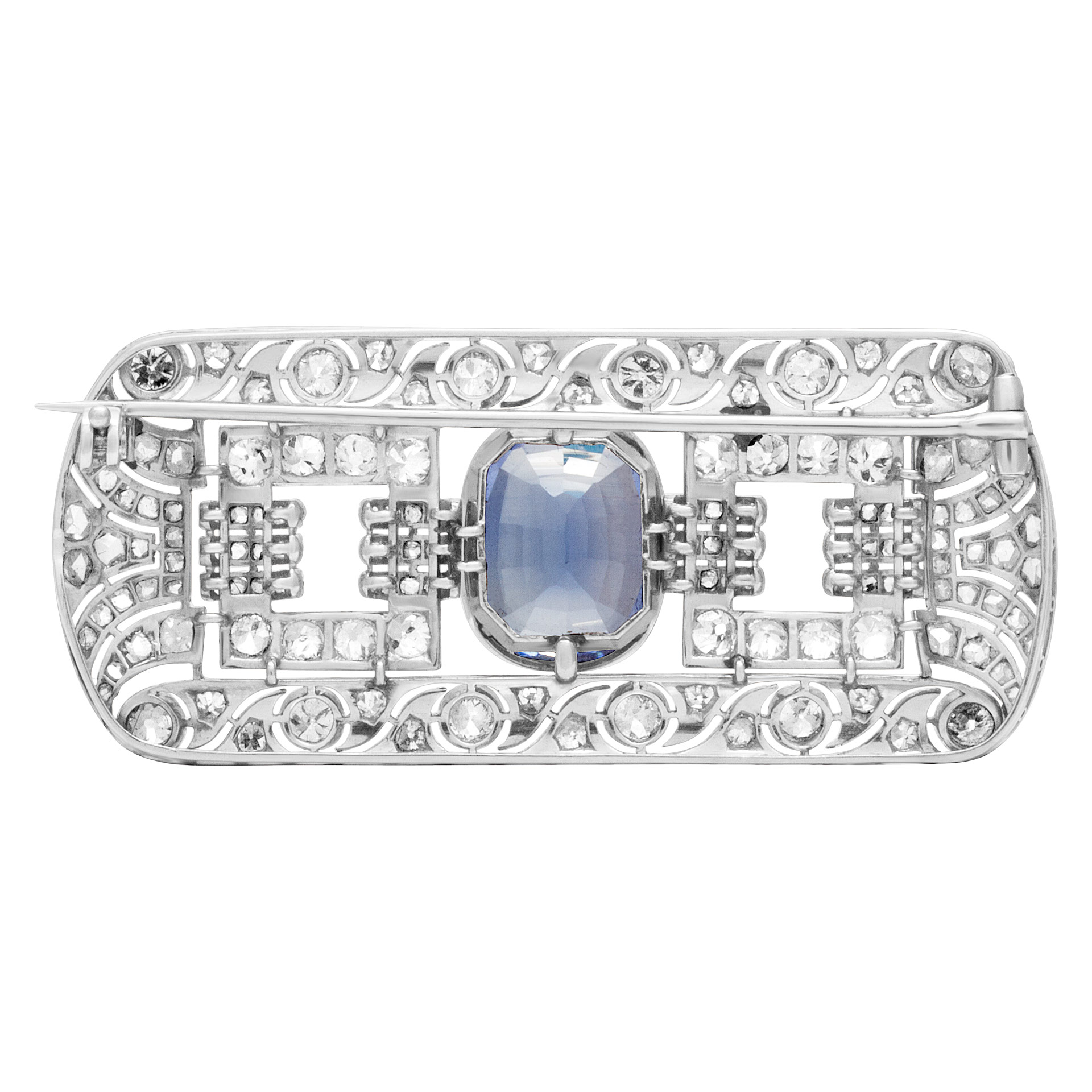 Art Deco diamond & blue sapphire platinum pin/broach 4.50cts in diamonds image 2